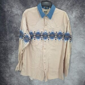 Express Rider Western Shirt Mens 2X Big Man Beige Pearl Snap Aztec Southwest‎